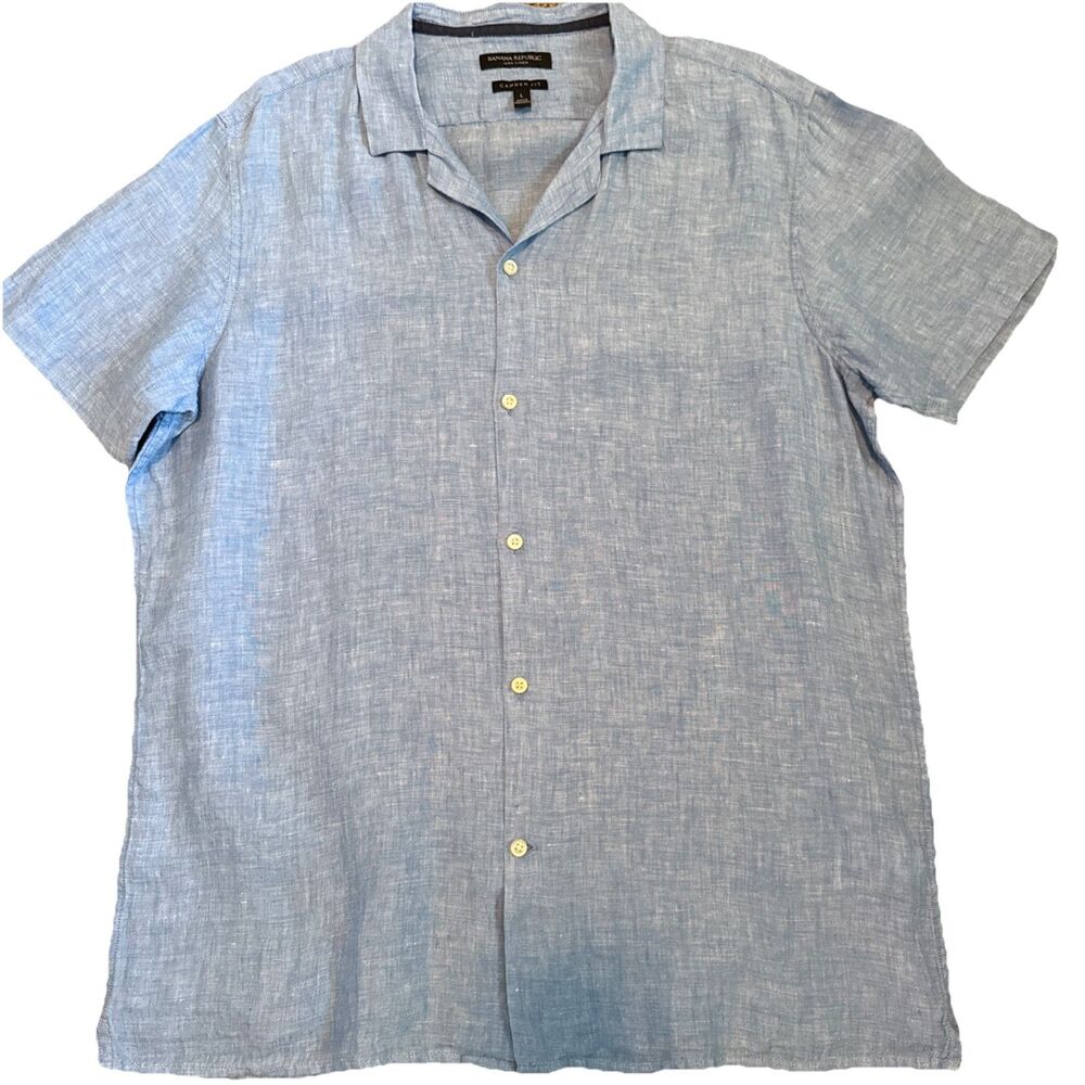 Banana Republic Men’s Large Camden Fit 100% Linen Short Sleeve‎ Button Up Blue
